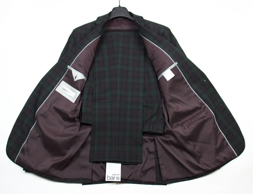 Bar iii Suit Mens 38 L 32W Green Burgundy Plaid Slim Fit Stretch 2 piece - Picture 6 of 10
